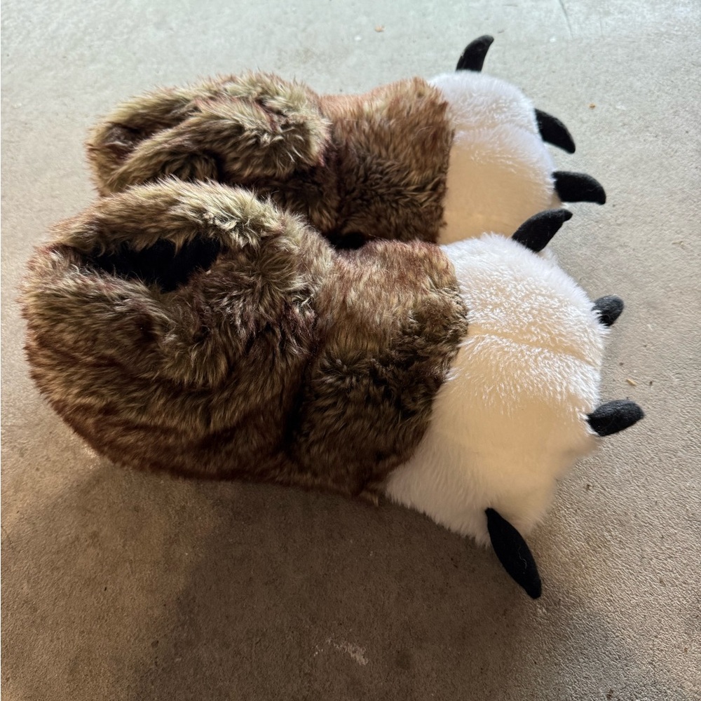 Lazy One Brown and White wolf Paw Slippers